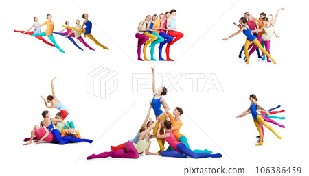 College. Young girls in colorful costumes dancing ballet, making creative performance on white background College. Young girls in colorful costumes dancing ballet, making creative performance on white background 106386459