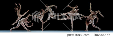 Collage. Passion. Man and woman, ballet dancers in beige bodysuits dancing over black background 106386466