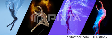 Collage. Elegant man and women, ballet dancers making creative and beautiful dance performance in neon light Collage. Elegant man and women, ballet dancers making creative and beautiful dance performance in neon light 106386470