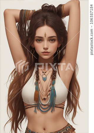 Beautiful woman in ethnic fashion with arms raised Beautiful woman in ethnic fashion with arms raised 106387184