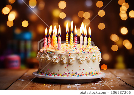 Celebratory Birthday Cake with Candles Illuminated by Vibrant Bokeh Lights. created with Generative AI 106387206