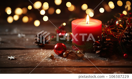 Rustic Christmas Delight - Red Advent Candle and Natural Decor on Rustic Wood with Magical Lights, First Advent Sunday Background. created with Generative AI 106387229
