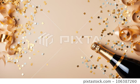 Celebratory Sparkle Champagne Bottle with Confetti Stars on Gold Festive Background. created with Generative AI 106387260