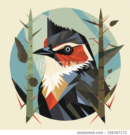 Gray and red tufted bird head close-up portrait. Low-poly vector illustration of a wild bird in the woods in winter Gray and red tufted bird head close-up portrait. Low-poly vector illustration of a wild bird in the woods in winter 106387272