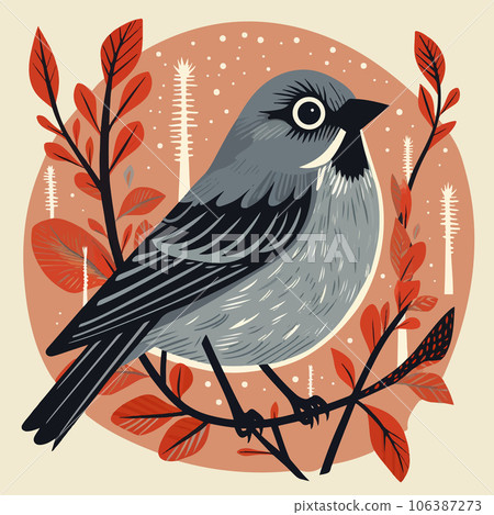 Gray cartoon bird sitting on a branch close-up. Vector illustration of a cute sparrow in the tree in autumn Gray cartoon bird sitting on a branch close-up. Vector illustration of a cute sparrow in the tree in autumn 106387273