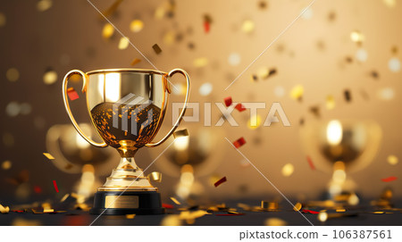 Golden Trophy Award with Falling Confetti on Gold Background - Celebrating Success and Achievement with Copy Space for Text. created with Generative AI Golden Trophy Award with Falling Confetti on Gold Background - Celebrating Success and Achievement with Copy Space for Text. created with Generative AI 106387561