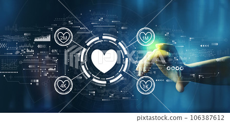 Get more likes concept with hand pressing a technology screen 106387612