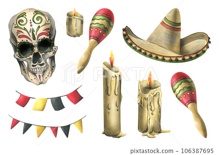 Human skull with drawn ornament with sombrero hat, maracas, candles, flag garlands. Hand drawn watercolor illustration for Halloween, day of the dead, Dia de los muertos. Set of isolated elements 106387695