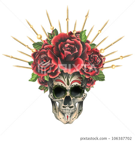 Human skull with an ornament, red roses in a golden crown with beads. Hand drawn watercolor illustration for Halloween, day of the dead, Dia de los muertos. Isolated composition on a white background. 106387702