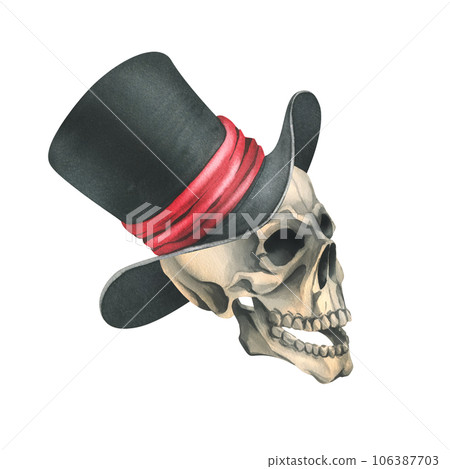 A human skull in a black top hat with a red ribbon. Hand drawn watercolor illustration for day of the dead, halloween, Dia de los muertos. Isolated object on a white background 106387703