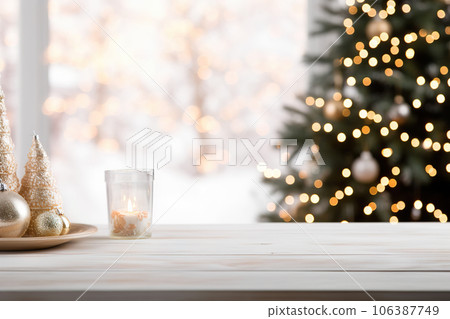 Magical Christmas Setting Empty Table in Front of Christmas Tree with Festive Decoration Background. created with Generative AI Magical Christmas Setting Empty Table in Front of Christmas Tree with Festive Decoration Background. created with Generative AI 106387749