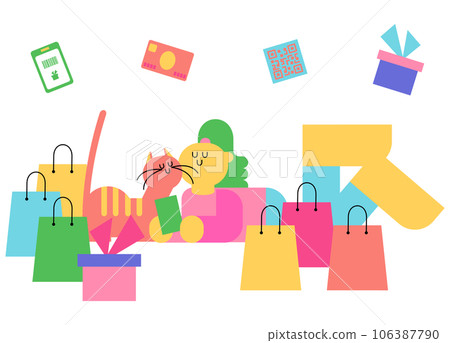 Woman enjoying shopping with her cat at home 106387790