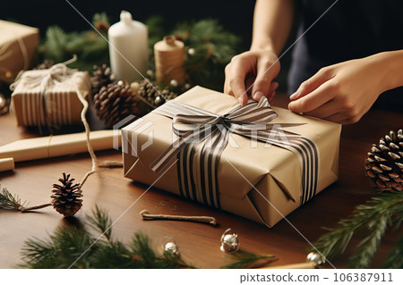 christmas present with wrapping paper scissors, Stock image