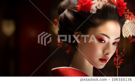 Appearance of a cute geisha or maiko girl in a red kimono 106388136