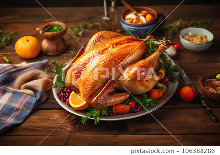 Festive Roast Christmas or Thanksgiving Turkey, a Delectable Holiday Centerpiece. created with Generative AI 106388286