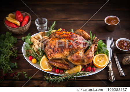 Festive Roasted Turkey with Colorful Vegetables, A Delicious Holiday Feast. created with Generative AI 106388287