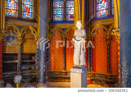 Lower chapel of Sainte-Chapelle with statue of Louis IX. Palais de la Cite, Paris, France 106388361