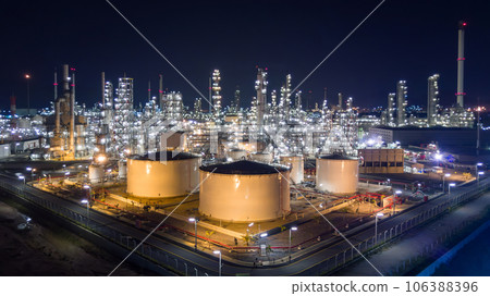 Aerial view liquid chemical tank terminal, Storage of liquid chemical and petrochemical products tank, Oil and gas storage tanks at industrial oil refinery. Aerial view liquid chemical tank terminal, Storage of liquid chemical and petrochemical products tank, Oil and gas storage tanks at industrial oil refinery. 106388396