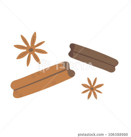 Spices elements for kitchen. Flat hand drawn spices with texture vector illustration. Anise and cinnamon. Cute elements for spice shop. Autumn dishes concept. Spices elements for kitchen. Flat hand drawn spices with texture vector illustration. Anise and cinnamon. Cute elements for spice shop. Autumn dishes concept. 106388980