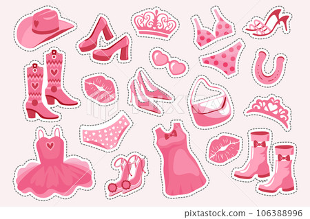 Barbiecore Princess sticker set. Pink fashion set, accessories and clothes for a pink doll. Crown, dress, shoes, cowboy hat, boots, bag, glasses. Vector 106388996