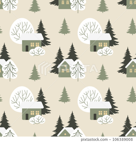 Seamless pattern, winter rural landscape with houses in the snow, fir trees and trees. Print, vector Seamless pattern, winter rural landscape with houses in the snow, fir trees and trees. Print, vector 106389008