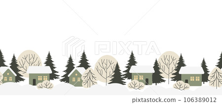 Winter landscape with houses in the snow, fir trees and trees. Seamless border pattern for text. Template, print, vector Winter landscape with houses in the snow, fir trees and trees. Seamless border pattern for text. Template, print, vector 106389012