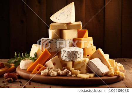 Different types of cheese on a wooden board Different types of cheese on a wooden board 106389088