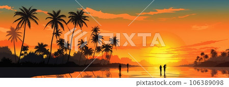Illustration of sunset on a tropical beach 106389098