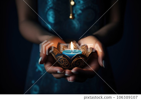 Woman hands with henna holding colorful clay diya lamps lit during diwali celebration 106389107