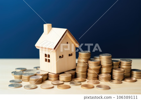 Wooden house with stack money coins on table. Investment business concept. Wooden house with stack money coins on table. Investment business concept. 106389111