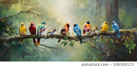 Tropical birds sitting on a tree branch in the rainforest Tropical birds sitting on a tree branch in the rainforest 106389123