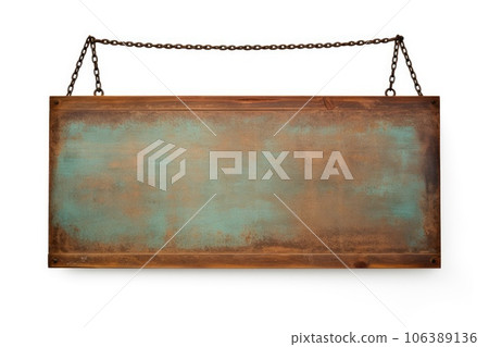 Old rusty tin sign hanging on a chain 106389136