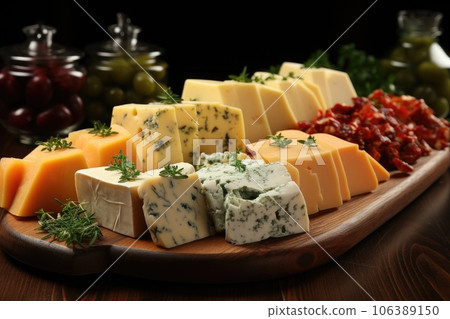 Different types of cheese on a wooden board Different types of cheese on a wooden board 106389150