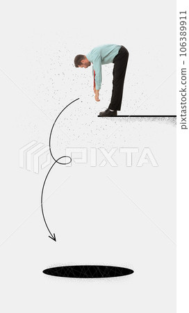 Contemporary art collage. Creative artwork of businessman jumping of the ski jump into nowhere, hole isolated on painting background. Failure. Contemporary art collage. Creative artwork of businessman jumping of the ski jump into nowhere, hole isolated on painting background. Failure. 106389911
