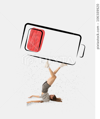 Need for rest. Contemporary art collage. Office worker, employee lying on floor rising legs with low battery symbolizing tiredness, fatigue. Work overload. Need for rest. Contemporary art collage. Office worker, employee lying on floor rising legs with low battery symbolizing tiredness, fatigue. Work overload. 106389920