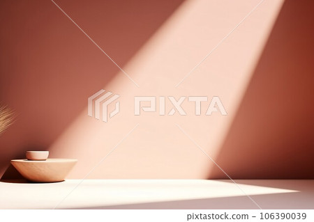 Unobtrusive background with shadow on the wall. Premium podium, stand on pastel light background. Mock up for exhibitions, presentation of products, therapy, relaxation and health. Unobtrusive background with shadow on the wall. Premium podium, stand on pastel light background. Mock up for exhibitions, presentation of products, therapy, relaxation and health. 106390039