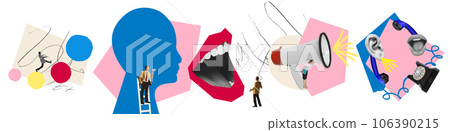 Contemporary art collage. Female mouth shouting with megaphone on background. Advertisement for business strategy. Contemporary art collage. Female mouth shouting with megaphone on background. Advertisement for business strategy. 106390215
