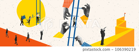 Contemporary art collage. Businessman and businesswoman team work on start up progress using analysis market technology Contemporary art collage. Businessman and businesswoman team work on start up progress using analysis market technology 106390219