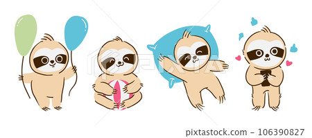 Set of sloth bear cartoon characters . Hand drawn style . White isolated background . Vector . 106390827