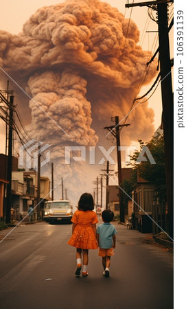 Children from the street looks at the cloud from the explosion in the distance Children from the street looks at the cloud from the explosion in the distance 106391139