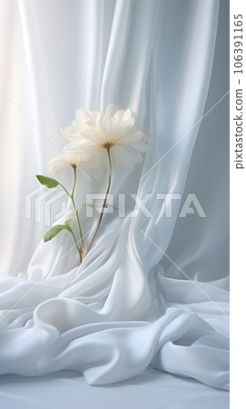 a flower on a spotless white draped in a soft white cloth 106391165