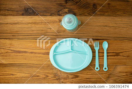 Baby Plate, Cup, Spoon and Fork, Color Kids Utensils, Small Colorful Toddler Tableware 106391474