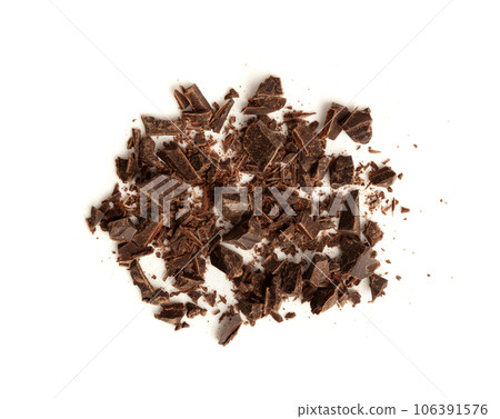 Grated Chocolate Pile Isolated, Crushed Chocolate Shavings, Crumbs, Scattered Flakes, Cocoa Sprinkles 106391576