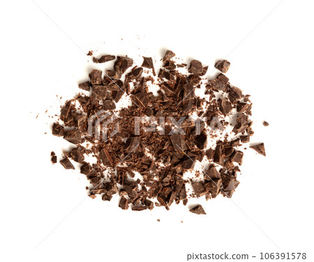 Grated Chocolate Pile Isolated, Crushed Chocolate Shavings, Crumbs, Scattered Flakes, Cocoa Sprinkles 106391578