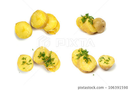 Boiled Potato Half in Skin Isolated, Whole Prepared Unpeeled Vegetables, Healthy Diet Ingredient 106391598