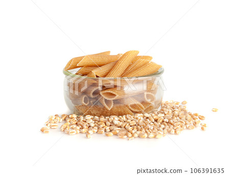 Raw Brown Pasta, Wholegrain Penne, Dry Whole Grain Noodle, Raw Spelt Macaroni, Healthy Italy Food 106391635