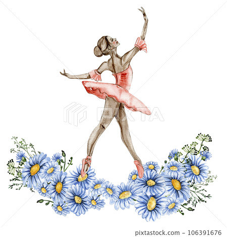 Composition of dancing ballerina with flowers. Hand drawn classic ballet performance, pose. Young pretty ballerina women illustration. Can be used for postcard and posters. 106391676
