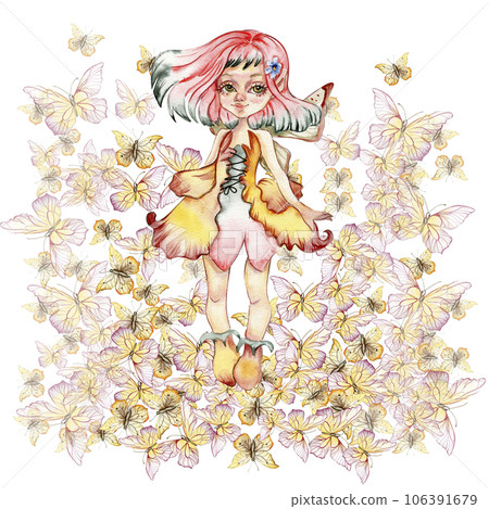 Composition of fairy with butterflies. Hand drawn classic ballet performance, pose. Young pretty ballerina women illustration. Can be used for postcard and posters. 106391679