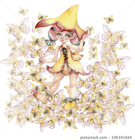 Composition of fairy with butterflies. Hand drawn classic ballet performance, pose. Young pretty ballerina women illustration. Can be used for postcard and posters. 106391684