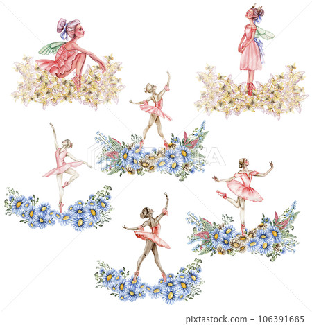 Composition of dancing ballerina with flowers. Hand drawn classic ballet performance, pose. Young pretty ballerina women illustration. Can be used for postcard and posters. 106391685